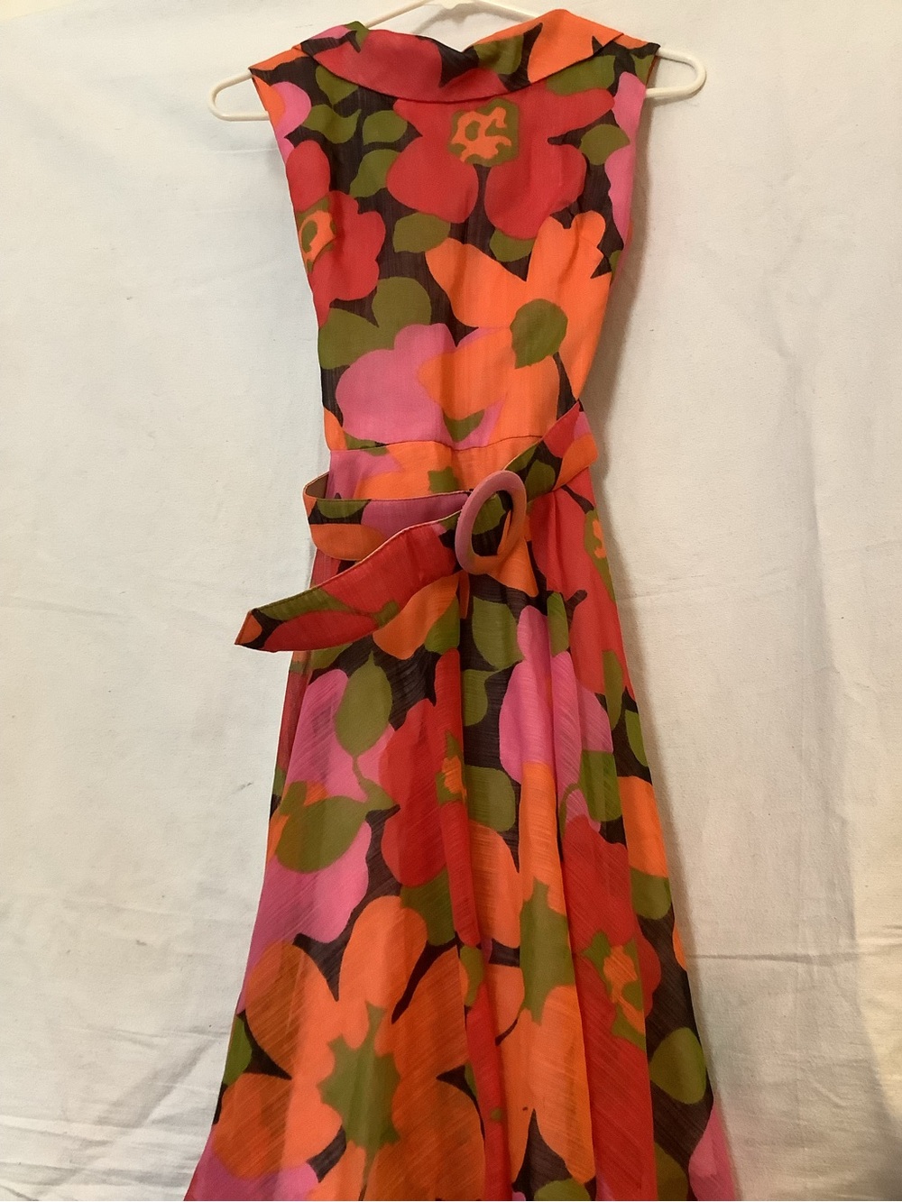 Vintage Pink & Orange Floral Maxi Dress with Belt